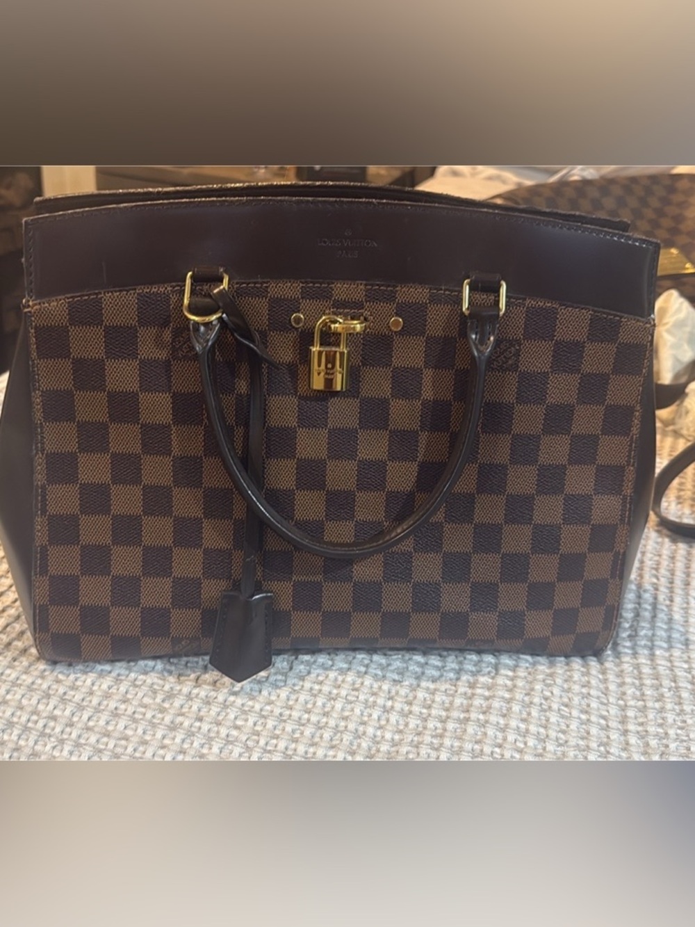 Louis Vuitton Damier Ebene Checkerboard Tote with Gold Hardware